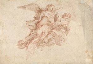 Två änglar som flyger, tergo: Gud Fadern sitter i molnen och en skiss av en flygande figur, c1720