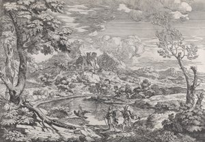 Landskap med en man som visar Merkurius Jupiters örn, ca. 1695-99.