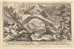 Efterdyningarna av syndafloden: människokroppar strödda på torrt land i förgrunden, Noaks ark hed..., 1612.