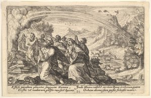 Gud ingår ett förbund med Noa: bredvid ett rykande bål knäböjer Noa i en gest av p..., 1612.