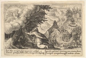 Noa knäböjer inför Gud till vänster, byggandet av arken pågår bortom, från en serie..., 1612.