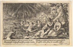 Början av översvämningen: män och kvinnor klättrar till högre mark till höger, vatten passerar..., 1612.