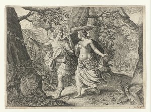 Circe förvandlar Picus till en hackspett Ovidius metamorfoser (serietitel) av Crispijn van de Passe (II) (after)