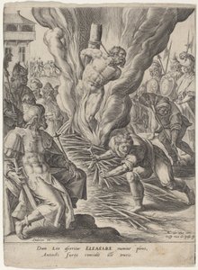 Eleasar brändes av Antiochus av Crispijn van de Passe I after Maarten de Vos