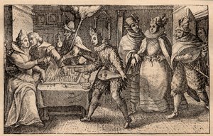 En backgammonfest med promenerande spelare - holländsk kopparplåtgravyr; från en uppsättning tryck, Hortus Voluptatem, av Crispin de Passe (1550-1643) - Ett par som spelar backgammon överraskade av fem män masker gravyr av Crispin de Passe l