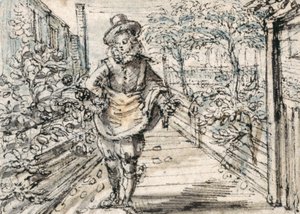 En moderiktigt klädd ungdom promenerar i en rosenträdgård i staden (penna & brunt bläck med brunt & grått tvätt på papper) av Crispin I de Passe