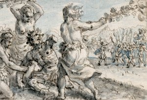 Maenads som slår Pentheus, tidigt 1600-tal (penna & brunt bläck med bruna, blå & grå tvättar)