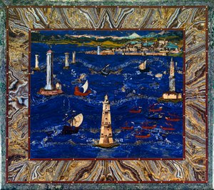 Bord med avbildning av Livornos hamn, ca 1601-04 (ädelstenar, trä, emalj) av Cristofano & Ligozzi Jacopo (1547 1626) Gaffurri