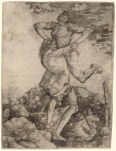 Hercules och Antaeus av Cristofano Robetta, after Antonio del Pollaiuolo