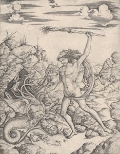 Hercules and the Hydra, med en fackla attackerar han den bevingade, flerhövdade Hydr..., ca. 1500-1520. av Cristofano di Michele Martini