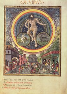 C129 Saturnus med vattumannens och stenbockens stjärntecken, ur "De Sphaera", ca 1470 (pergament) av Cristoforo (attributed to) De Predis