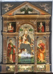 Krönt madonna med barn och änglar, Sankt Paulus, Sankt Petrus av Cristoforo (fl.1525 1578) & Pancalino Raffaele (fl.1514 1573) Pancalino