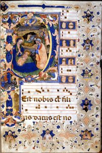 1400-talskör med en miniatyrerad "P"-lettering som representerar Kristoforo Corteses födelse. Början av 1400-talet.