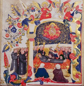 Invånad initial "A" som föreställer den helige Franciskus begravning, ca 1410.