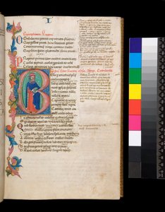 Ms 325. Lucan, Bellum Civile, och andra verk, f.10r. Upplyst initial [B], bebodd av ett författarporträtt i full längd, som sträcker sig in i en partiell bladkant, ca 1400-10 (pergament)
