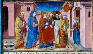 Belysning som föreställer Maria som tagits emot av templets jungfrur, i Codex De Predis (c.15v) av Cristoforo De Predis