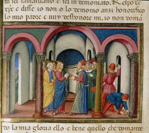 Jesus interpeades nära Salomos tempel av judar som bad honom att bevisa sin miniatyridentitet Cristoforo De Predis (1440-1486) efter Nya testamentets historia av Cristoforo De Predis