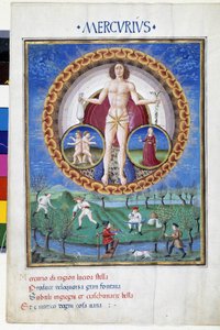 Merkurius med Jungfruns och Gemels zodiakens stjärntecken. På nedervåningen arbetar bönder på fälten. Miniatyr gjord av Cristoforo de Predis (v. 1440-v. 1486) - i “” De Sphaera””” d