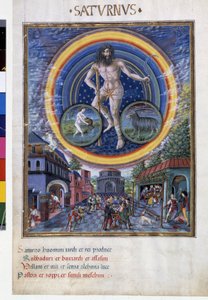 Saturnus med stjärntecken på vattumannen och Stenbocken. På nedervåningen, spelscenerna och dess inflytande på män. Miniatyr gjord av Cristoforo de Predis (v. 1440-v. 1486) - i “” De Sphaera””” d