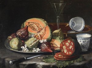 ""Still life"" (Still life) Melon, korv, fikon och kinesiskt porslin Målning av Cristoforo Monari (Munari) (1667-1720), - Olja på duk, 44x56 - Fondation Custodia
