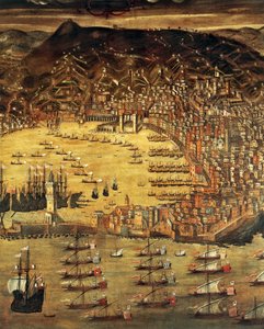Utsikt över Genua och dess hamn, målning av Cristoforo Grassi (1565-1598), Italien av Cristoforo de Grassi