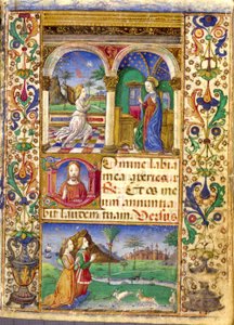 Bebådelsen, Borromeos timbok, med Giovanni III Borromeo och hans hustru Cleofa Pio da Carpi i bön. av Cristoforo De Predis