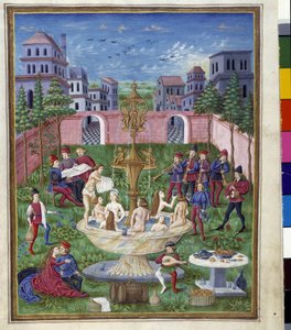Merkurius inflytande: kärlekens trädgård och ungdomens källa. Miniatyr gjord av Cristoforo de Predis (v. 1440-v. 1486) - i “” De Sphaera””” d