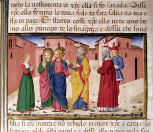 Jesus tilltalar kvinnan som är skyldig till äktenskapsbrott Miniatyr av Cristoforo De Predis (1440-1486) efter Nya testamentets historia (fol. 61) av Cristoforo De Predis