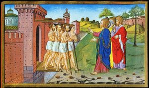 Jesus och de spetälska. Miniatyr av Cristoforo av Predis - i Historia av det nya testamentet av Cristoforo De Predis
