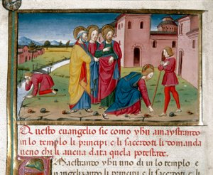 Jesus ger syn åt en blind man vid födseln Miniatyr av Cristoforo De Predis (1440-1486) efter Nya testamentets historia (fol. 7) av Cristoforo De Predis
