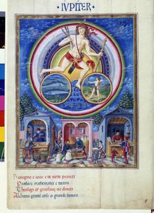 Jupiter med stjärntecken på fisk och Skytten. På nedervåningen, köpmän som säljer olika föremål. Miniatyr gjord av Cristoforo de Predis (v. 1440-v. 1486) - i “” De Sphaera””” d