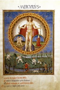 Merkurius med Jungfruns och Gemels zodiakens stjärntecken. Bönder som arbetar på fälten (miniatyr, ca 1470)