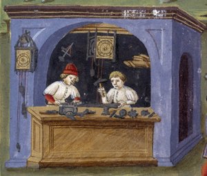 en urmakare i "" Influence of the moon "": hantverkare. Miniatyr gjord av Cristoforo de Predis (v. 1440-v. 1486) - i “” De Sphaera””” d