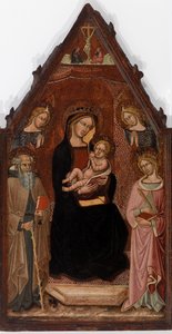 Jungfru och barn med två änglar och heliga Anthony Abbot och Katarina av Alexandria och korsfästelsen av Cristoforo di Bindoccio, Meo