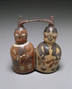 Dubbelpip med remhandtagskärl: två figurer, Middle Nazca, AD 100-150 (keramik med glid)