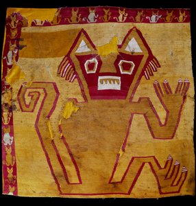 Pre-columbiansk konst, Nazca-civilisationen: fragment av tyg med zoomorfisk representation. 100 f.Kr.-800 e.Kr. Göteborg, etnografiskt museum