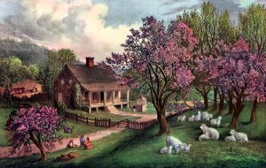 American Homestead våren 1869 av Currier and Ives
