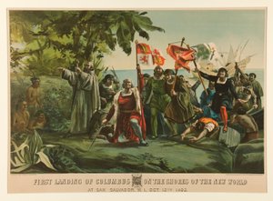 Columbus första landning på den nya världens stränder av Currier and Ives