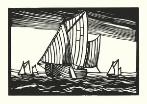 Fiskebåtar och pråmar: Brighton Hoggies (träsnitt) av Cyril A. Wilkinson