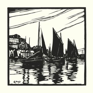 Fiskebåtar och pråmar: Cornish Drifters, Looe (träsnitt)