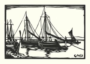 Fiskebåtar och pråmar: Leigh Bawleys (träsnitt) av Cyril A. Wilkinson