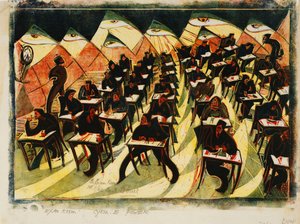Tentamensrummet, c. 1934 (linosnitt tryckt i färger på tunt Japan)
