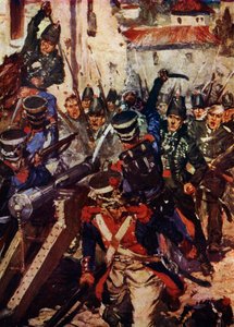 Gevärsbrigaden rensar en by (lito i färg) av Cyrus Cuneo