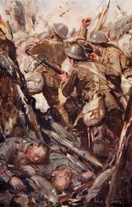 "De bombade och bajonetterade sig upp i fiendens skyttegrav", illustration från "Told in the Huts": The YMCA Gift Book", publicerad 1916.