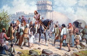 Karl IV hälsar vanliga människor under sin utbyggnad av Prags befästningar 1361, vykort från början av 1900-talet (färg litho) av Czech School