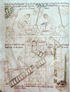 Ms 23 C 124 fol.3 Konstruktionen av Babels torn, från Velislav-bibeln, ca 1340 av Czech School