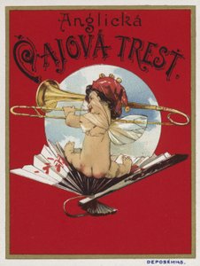 Produktetikett som visar en kerub som spelar en trombon av Czech School