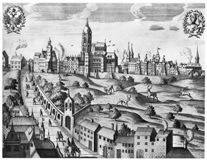 Vy över Prag som visar det kejserliga palatset och teologiska högskolan, c.1618 av Czech School