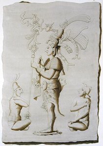 En kung, skulptur från palatset, Palenque, Chiapas, Mexiko (färggravyr) av D.K. (after) Bonatti