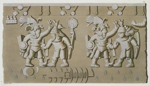 Basrelief av gamla aztekiska krigare, från stenen från Tizoc som minns en härskare som håller sina fångar i huvudet.